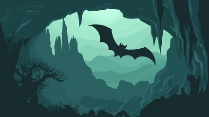 Bat flying through dark cave, symbolizing courage and exploration in the face of uncertainty, navigating the unknown with grace and determination.