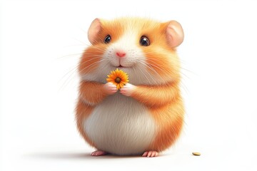A cute hamster holding a flower, showcasing its adorable features.