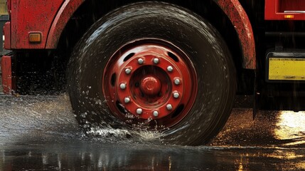 Cargo Lorry Wheel on Wet Road Capturing Motion