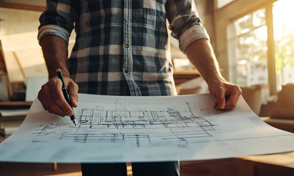A person is sketching architectural plans on a large blueprint, showcasing design elements and construction details in a well-lit workspace.