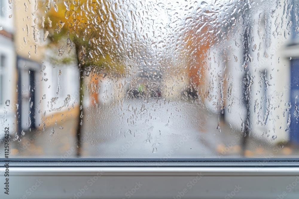 Poster raindrops cling to a window, distorting the view of a quiet street filled with colorful, empty house