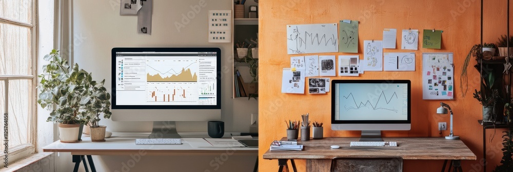 Poster one side has a minimalist workspace with a sleek computer and plant; the other shows an artistic set