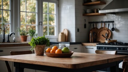 Blurry kitchen background with empty wooden table