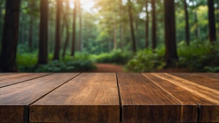 Fototapeta premium Brown wooden board with forest background display