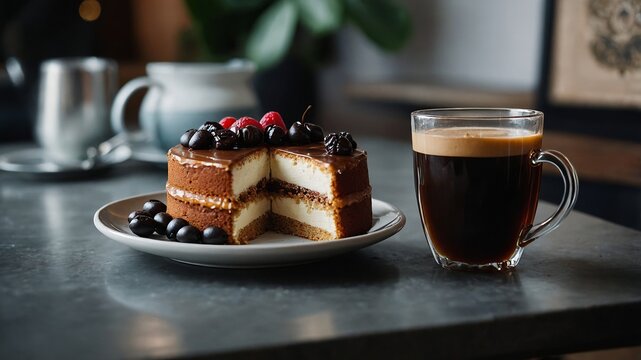 Cake and coffee enjoyed on a wooden table