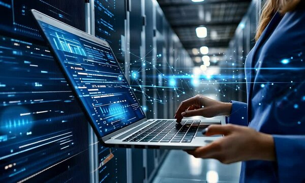 A person using a laptop in a data center, surrounded by glowing digital elements, symbolizing technology and data processing.