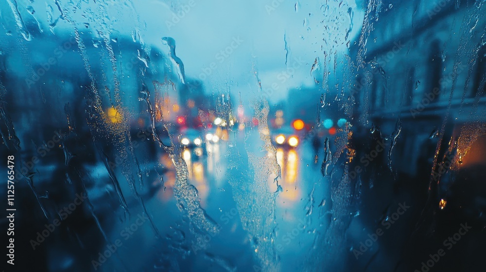 Aufkleber raindrops cling to a window, providing a blurred view of a quiet street with reflections of colorful
