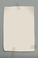 Blank old paper poster stuck with adhesive tape on cement wall background graphic illustration.