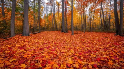 Obraz premium A vibrant autumn forest with colorful leaves covering the ground.