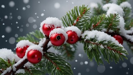 Christmas tree branch with red berries and snow