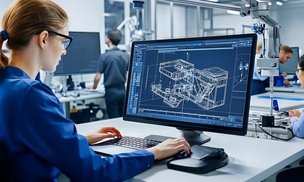 A person working on a computer, analyzing a technical blueprint in a modern industrial environment, showcasing engineering and design processes.