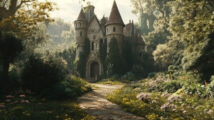 Obraz premium Enchanted stone castle nestled in a blooming forest.
