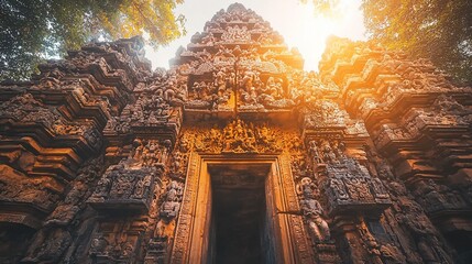 Obraz premium Ancient stone temple entrance with intricate carvings, sunlight.