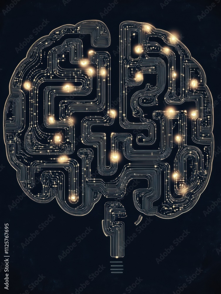 Poster The design showcases a labyrinthine structure within a human brain, symbolizing thought processes and neural pathways, set against a dark background. Generative AI
