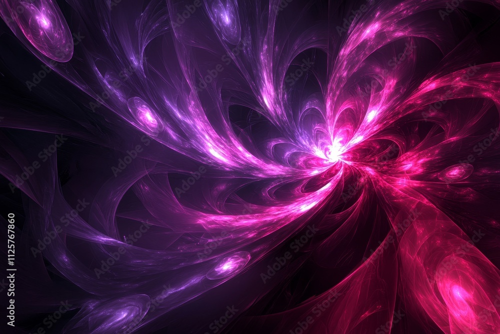 Poster abstract fractal art with vibrant swirls in purple and pink, creating a sense of motion and depth in