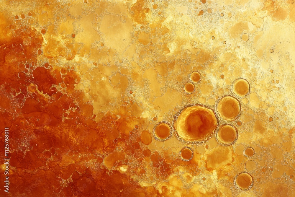 Poster abstract golden texture with organic shapes and circular patterns creating a warm, vibrant compositi