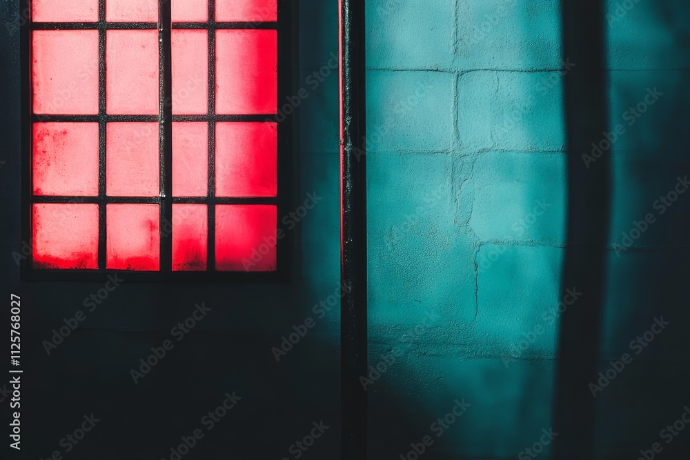 Poster abstract interplay of light and shadow featuring a vivid red window and turquoise wall creating a st