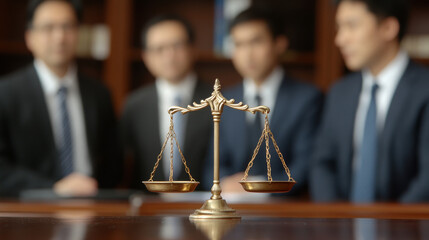 Close up of antique brass scales of justice with blurred lawyers in background, symbolizing law and fairness in professional setting