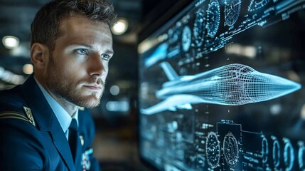 Focused engineer reviewing aircraft design on a large monitor.