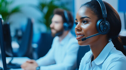 diverse team of call center employees engaged in customer service, showcasing professionalism and teamwork in modern office environment