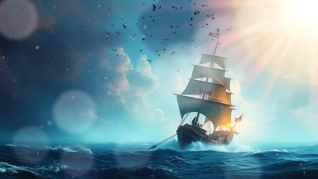 background animation, An old sailing ship with high masts that uses a sail and the power of the wind for movement floats on the sea with waves