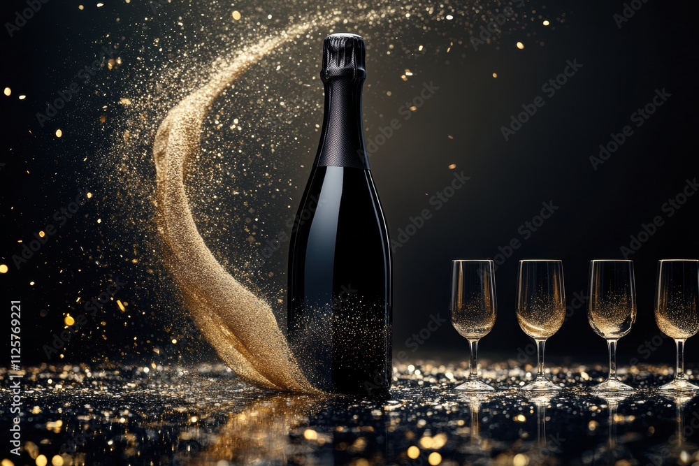 Poster Champagne bursts from the bottle, creating a sparkling display while elegant glasses stand ready for a joyous celebration at midnight. Generative AI