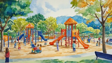 Children playing on colorful playground, park scene.