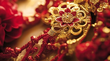 Close-up of ornate gold and red Chinese wedding decoration.