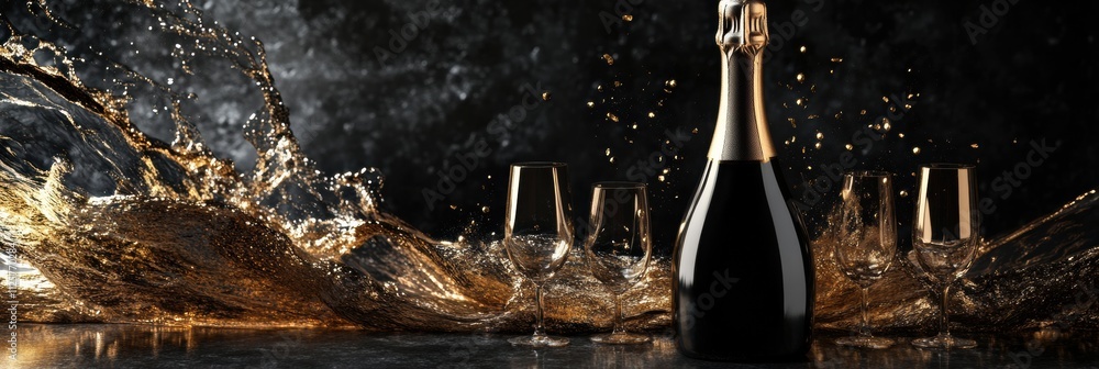 Poster A festive champagne bottle erupts as bubbles spill out, creating a joyful atmosphere with elegant glasses awaiting to be filled and enjoyed. Generative AI