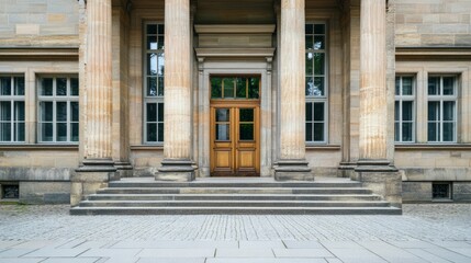 Courthouse building exterior with classical architecture, symbolizing justice and order in society. Timeless design reflecting the importance of legal systems and civic responsibility.