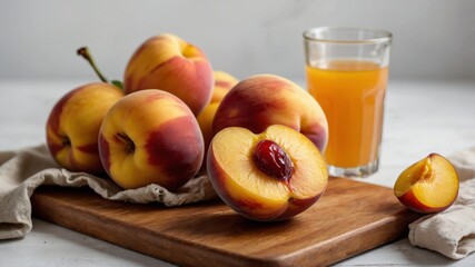 Fresh yellow peaches and cherry plums with juice