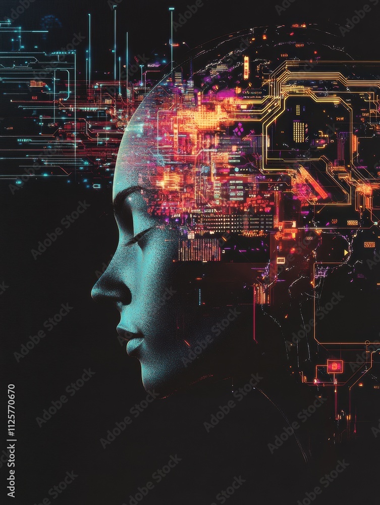 Poster A visually striking representation shows a brain integrating with AI elements featuring circuits, chips, and vibrant holograms, with space for text. Generative AI