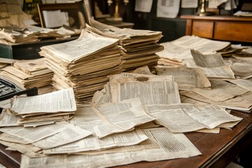 Antique Documents and Vintage Papers Stacked on a Table Surrounded by Old Books and Incomplete Manuscripts in a Historical Study Room