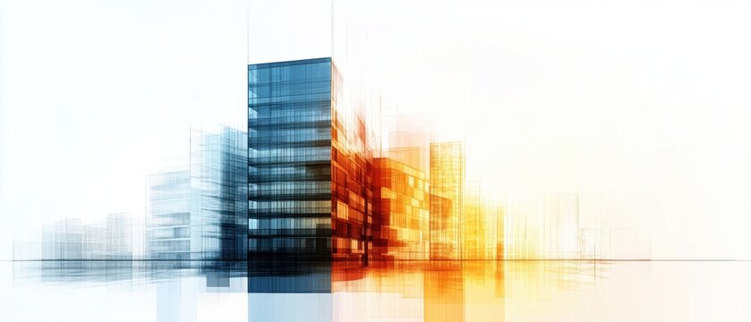 An abstract image of futuristic buildings in vibrant orange and blue tones, symbolizing innovation and modern urban architecture.