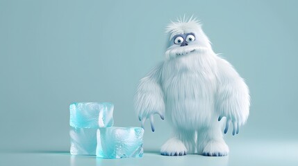 A fluffy yeti with big eyes stands next to two ice cubes on a blue background.
