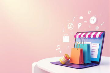 Fototapeta premium An e-commerce-themed shopping illustration featuring a laptop, shopping bags, and digital storefront icons, ideal for an online shopping concept..