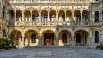 Naklejka premium Courthouse building exterior with classical architecture, symbolizing justice and order in society. Timeless design reflecting the importance of legal systems and civic responsibility.