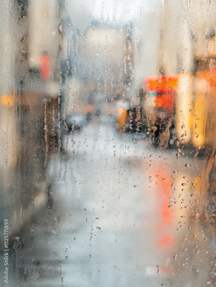 Aufkleber raindrops bead on a window, providing a blurred view of a quiet street below, creating a reflective 