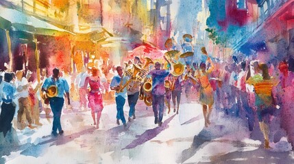Watercolor painting: vibrant street parade, brass band.