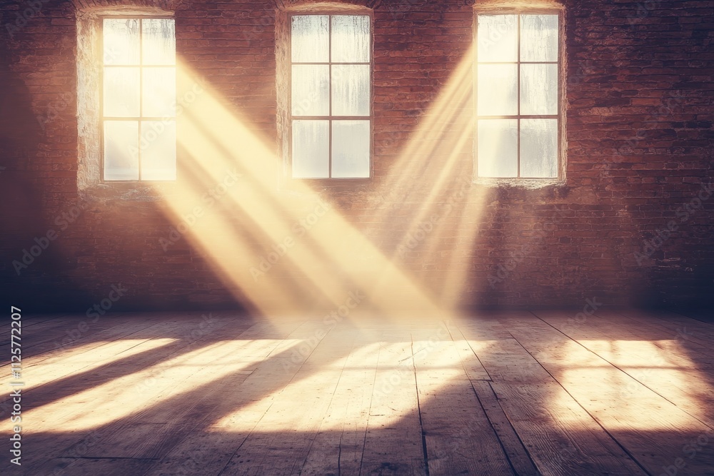 Poster beautiful sunlight streaming through vintage windows in a rustic room creating warm and inviting atm