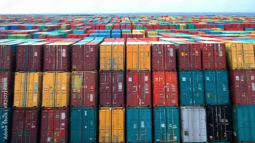 Poster container terminal with thousands of colorful containers stacked and awaiting transport. cranes are 
