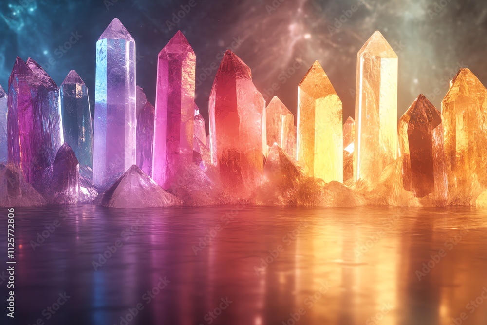 Aufkleber a vibrant display of colorful crystals reflecting light in a mystical environment.