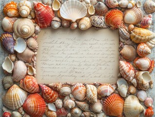 Obraz premium A decorative frame made of seashells surrounding a handwritten note.
