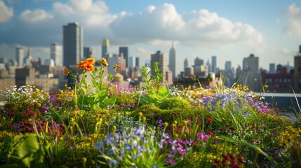 Fototapeta premium Rooftop Gardens: Gardens located on building roofs in cities, providing green space, improving air quality, and contributing to urban sustainability and biodiversity. 