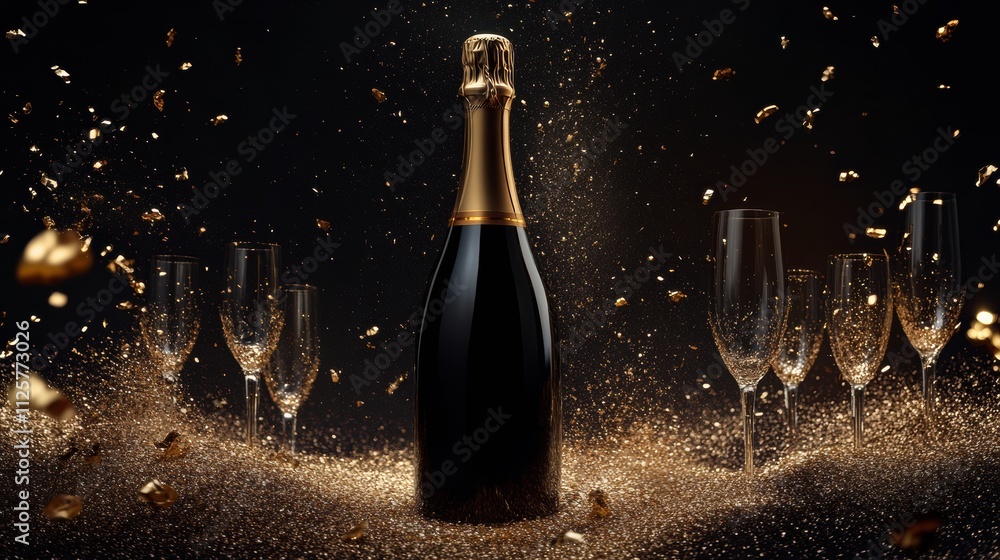 Poster champagne bottle bursts open with excitement, sending bubbles into the air while elegant glasses awa