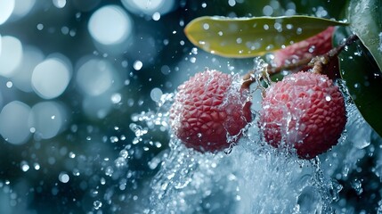 Fresh Lychees Splashing in Water.