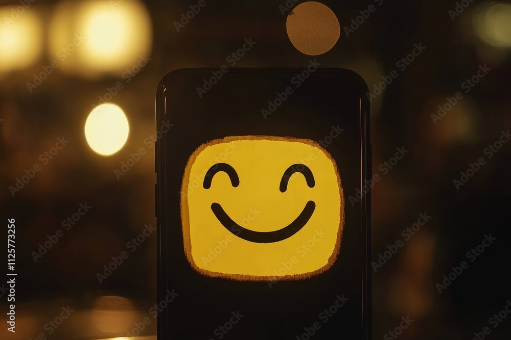 Poster bright and cheerful smiley face illustration on smartphone screen with warm bokeh lights in backgrou