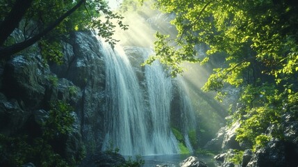 Fototapeta premium Sunlit waterfall cascading down rocky cliffs, lush greenery.