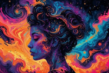 Vibrant Cosmic Portrait of a Woman with Swirling Galactic Patterns