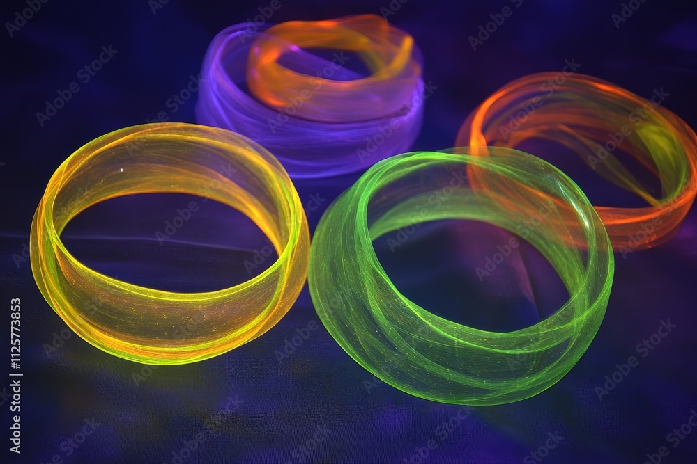 Poster brightly colored transparent rubber bands with glowing effect on dark background creating an eye-cat